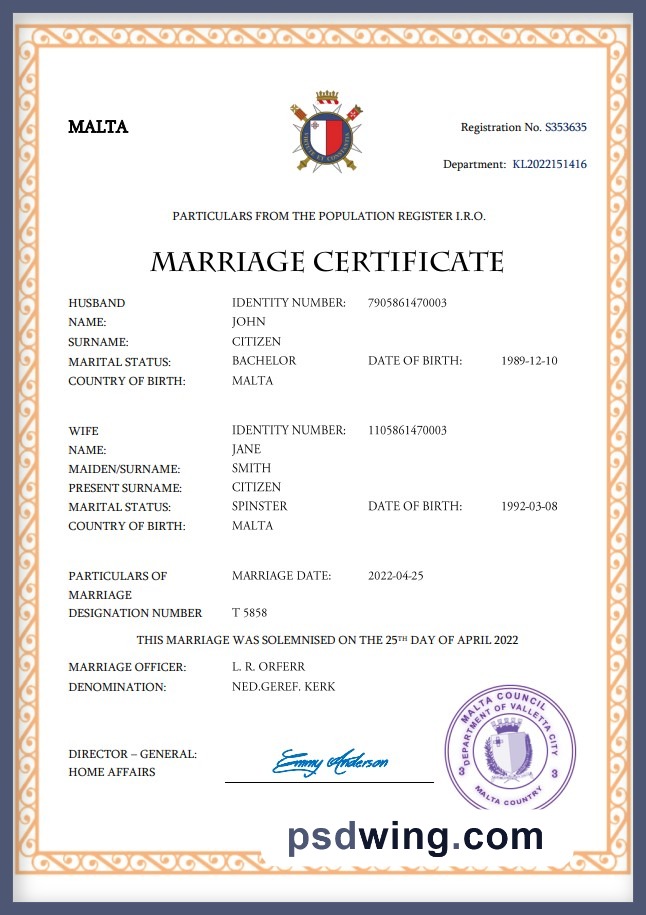 Malta Marriage Certificate (Word & PDF)